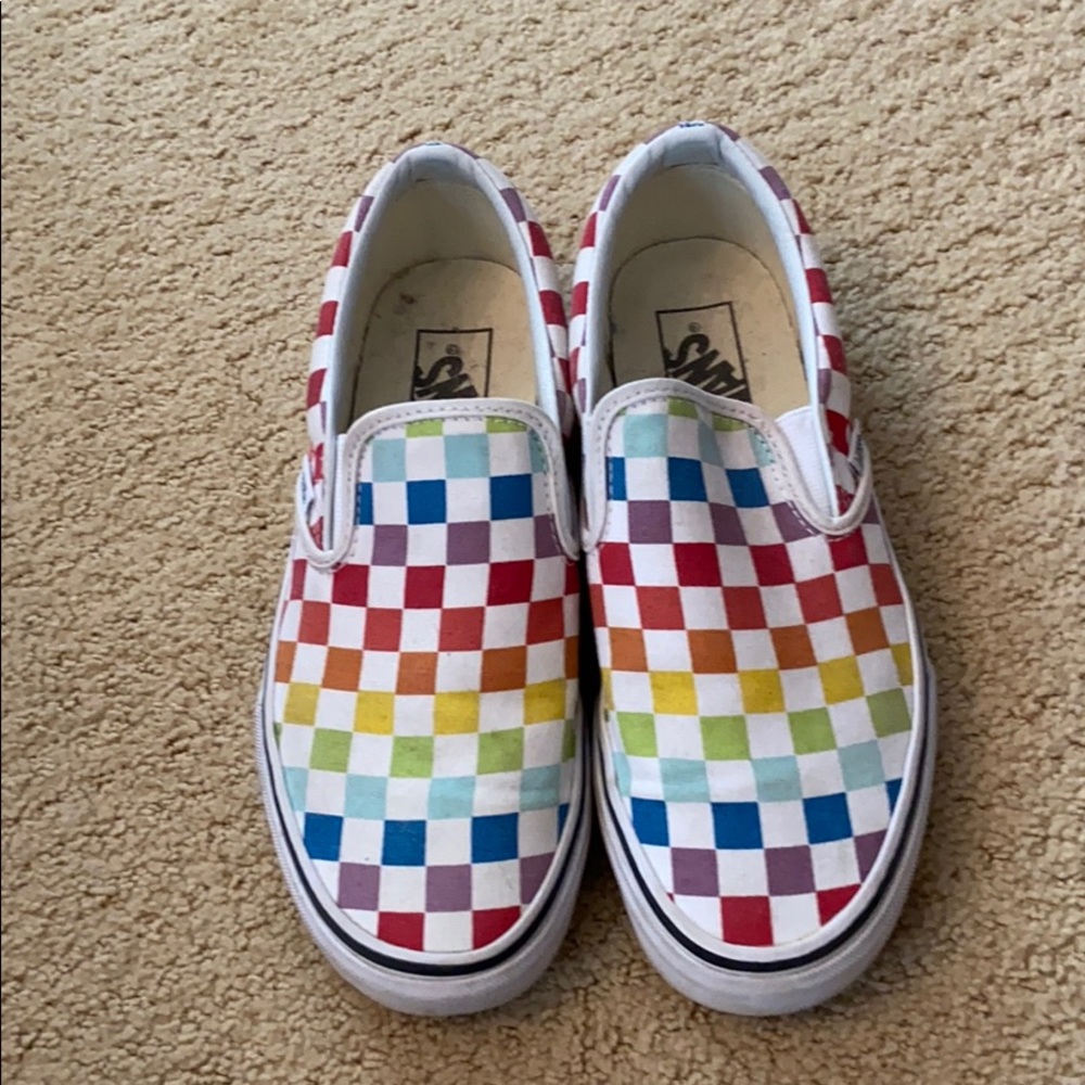 Rainbow checkered slip on vans